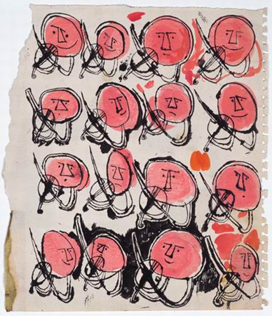 Sprite Heads Playing Violins, 1948, ink, graphite, and tempera on Manila paper